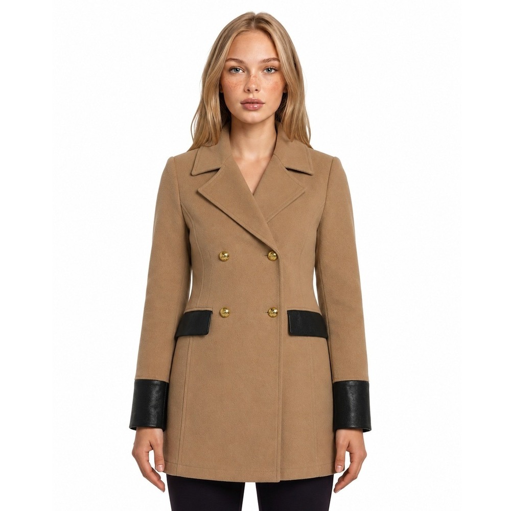 H Halston Peacoat Women's Size Small Camel Tan Faux Leather Trim Walking Coat
